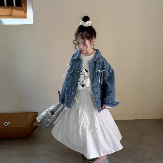 ショートコート・ジャケット・ジャンパー キッズジャケット 水玉ドットプリントリボンデニムシャツジャケット【mh0009110】