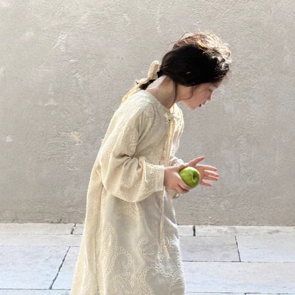 長袖ワンピース 刺繍レーススリット長袖ワンピース【mh0009680】