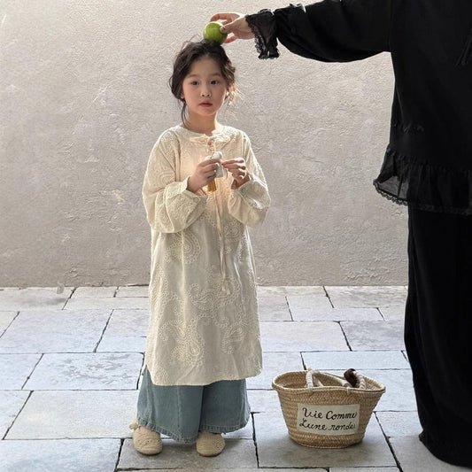 長袖ワンピース 刺繍レーススリット長袖ワンピース【mh0009680】