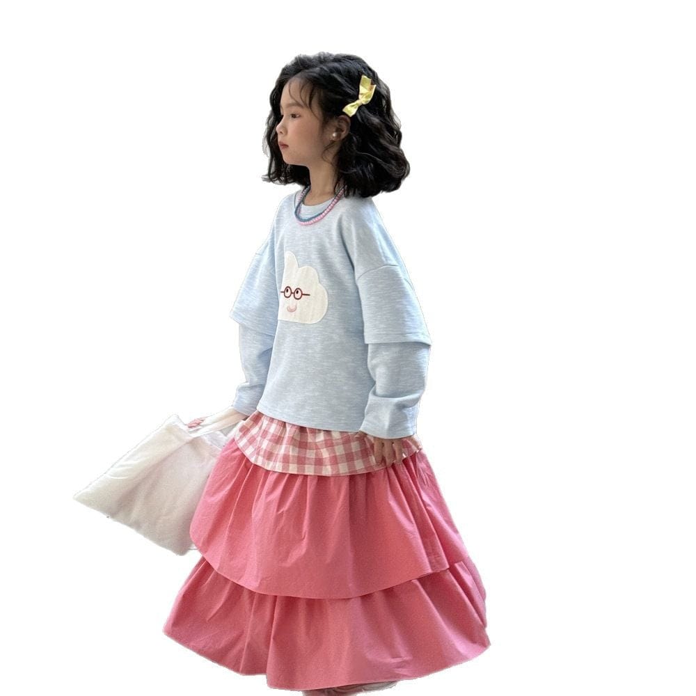 長袖セットアップ クラウド雲プリント長袖スウェットシャツ/チェックパッチワークロングスカート【mh0009683】