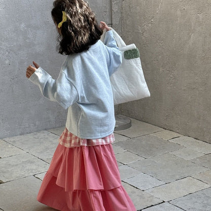 長袖セットアップ クラウド雲プリント長袖スウェットシャツ/チェックパッチワークロングスカート【mh0009683】