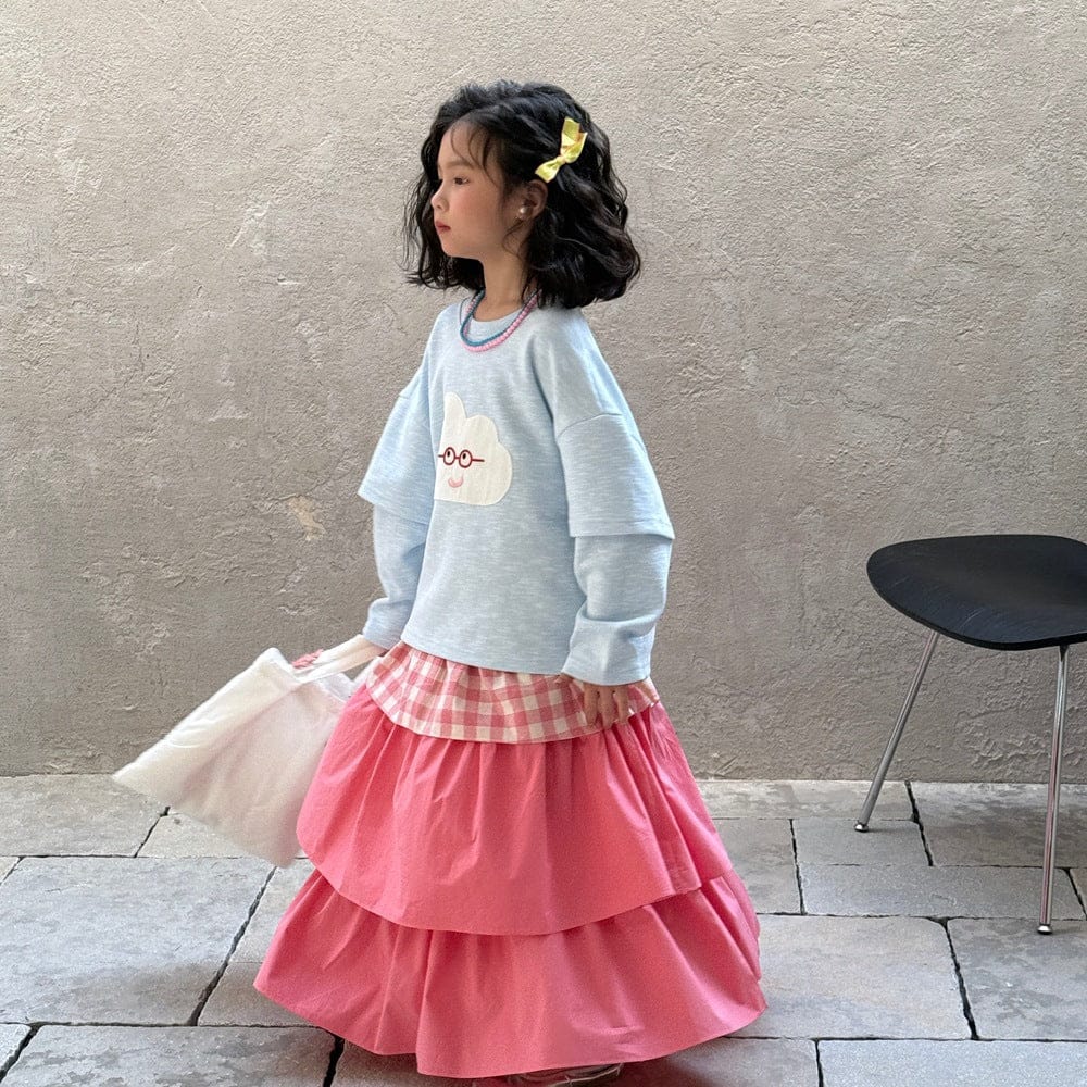 長袖セットアップ クラウド雲プリント長袖スウェットシャツ/チェックパッチワークロングスカート【mh0009683】