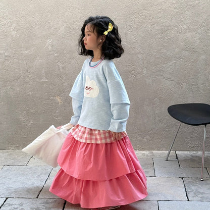 長袖セットアップ クラウド雲プリント長袖スウェットシャツ/チェックパッチワークロングスカート【mh0009683】