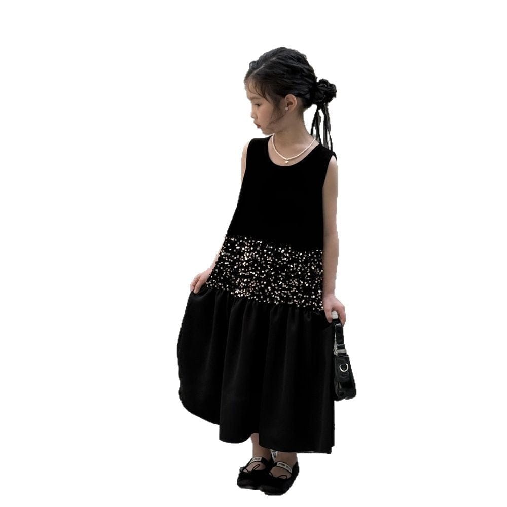 ノースリーブワンピース スパンコールウエストノースリーブブラックワンピース【mh0009686】