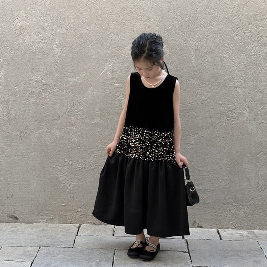 ノースリーブワンピース スパンコールウエストノースリーブブラックワンピース【mh0009686】