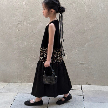 ノースリーブワンピース スパンコールウエストノースリーブブラックワンピース【mh0009686】