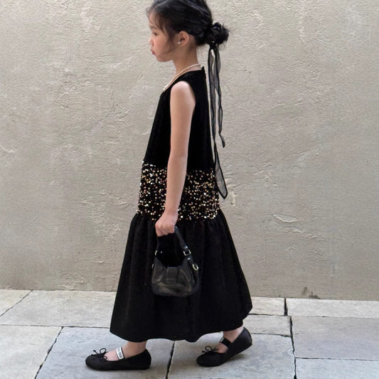 ノースリーブワンピース スパンコールウエストノースリーブブラックワンピース【mh0009686】