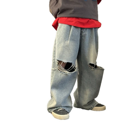 デニムパンツ ダメージ加工ワイドルーズデニムパンツジーンズ【mh0009687】