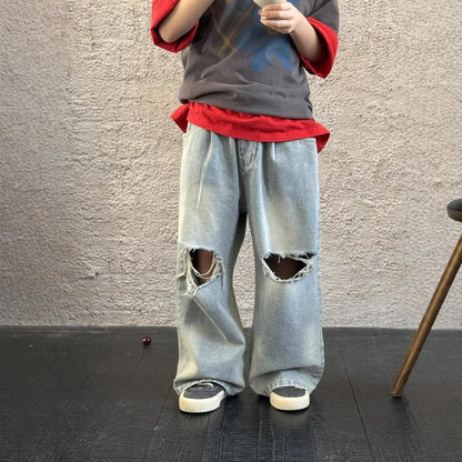 デニムパンツ ダメージ加工ワイドルーズデニムパンツジーンズ【mh0009687】