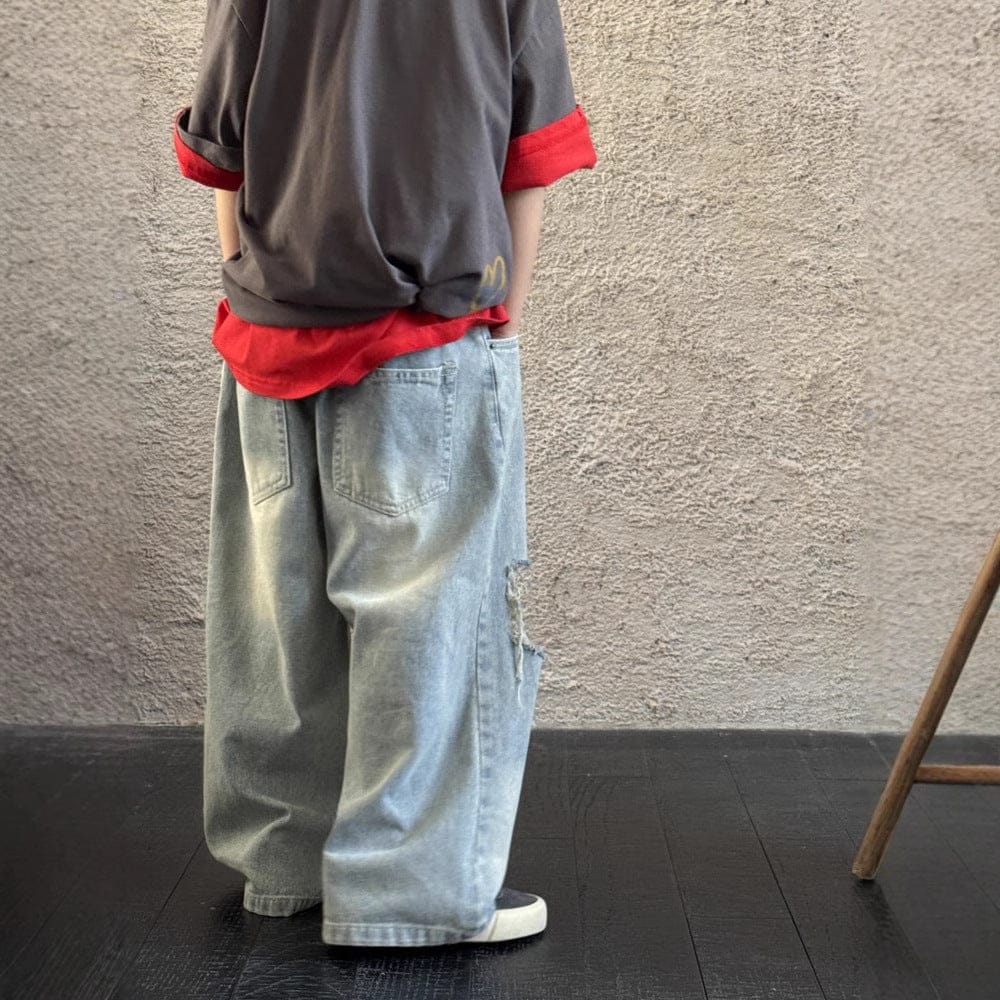 デニムパンツ ダメージ加工ワイドルーズデニムパンツジーンズ【mh0009687】