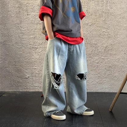 デニムパンツ ダメージ加工ワイドルーズデニムパンツジーンズ【mh0009687】