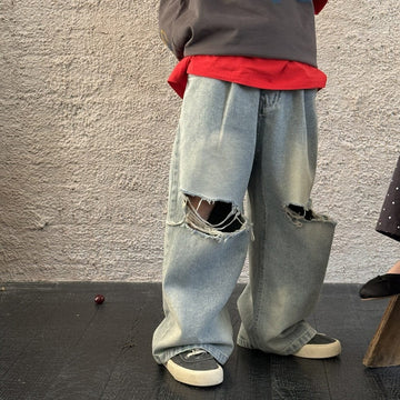 デニムパンツ ダメージ加工ワイドルーズデニムパンツジーンズ【mh0009687】