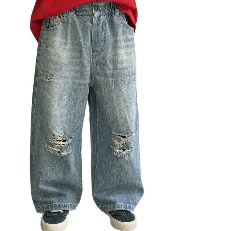 デニムパンツ ダメージ加工ルーズストレートデニムパンツジーンズ【mh0009690】