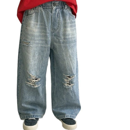 デニムパンツ ダメージ加工ルーズストレートデニムパンツジーンズ【mh0009690】