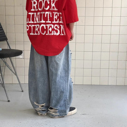 デニムパンツ ダメージ加工ルーズストレートデニムパンツジーンズ【mh0009690】