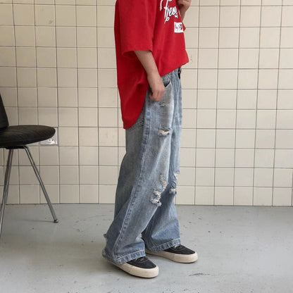 デニムパンツ ダメージ加工ルーズストレートデニムパンツジーンズ【mh0009690】