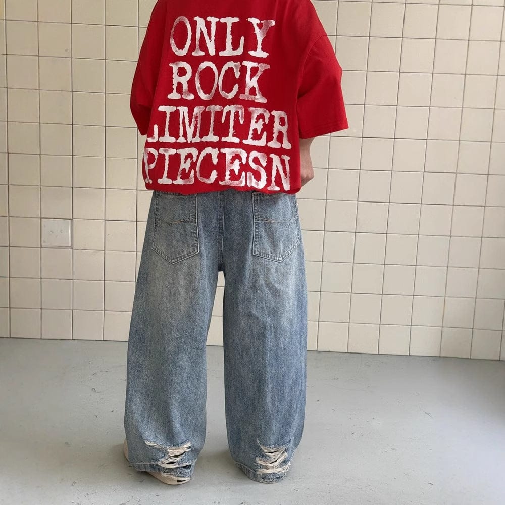 デニムパンツ ダメージ加工ルーズストレートデニムパンツジーンズ【mh0009690】