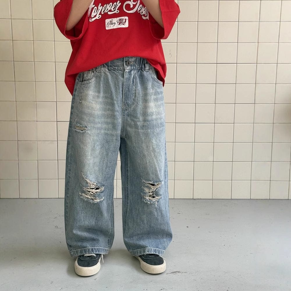 デニムパンツ ダメージ加工ルーズストレートデニムパンツジーンズ【mh0009690】