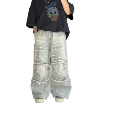 デニムパンツ フリンジダメージルーズワイドデニムパンツジーンズ【mh0009692】