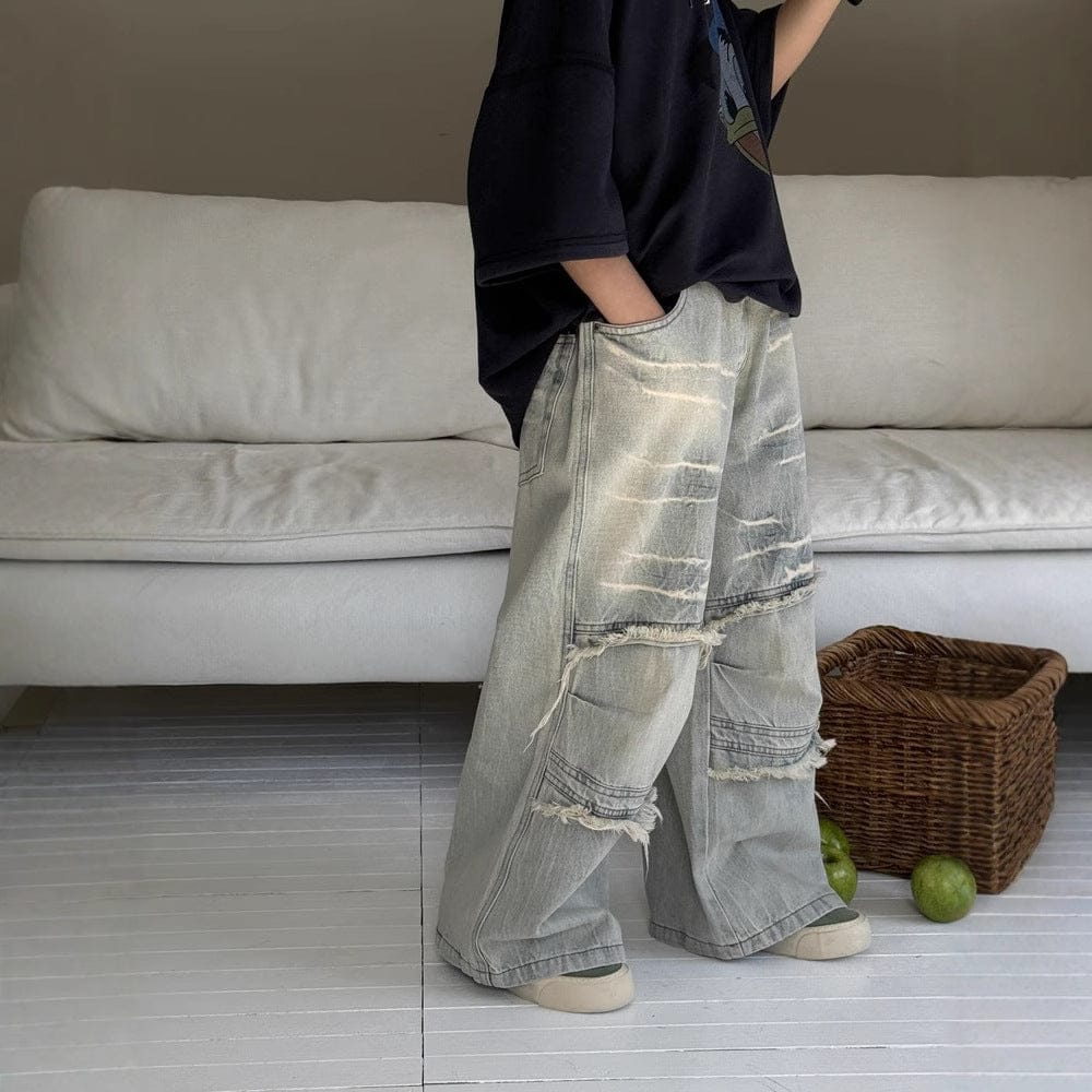 デニムパンツ フリンジダメージルーズワイドデニムパンツジーンズ【mh0009692】