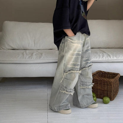 デニムパンツ フリンジダメージルーズワイドデニムパンツジーンズ【mh0009692】