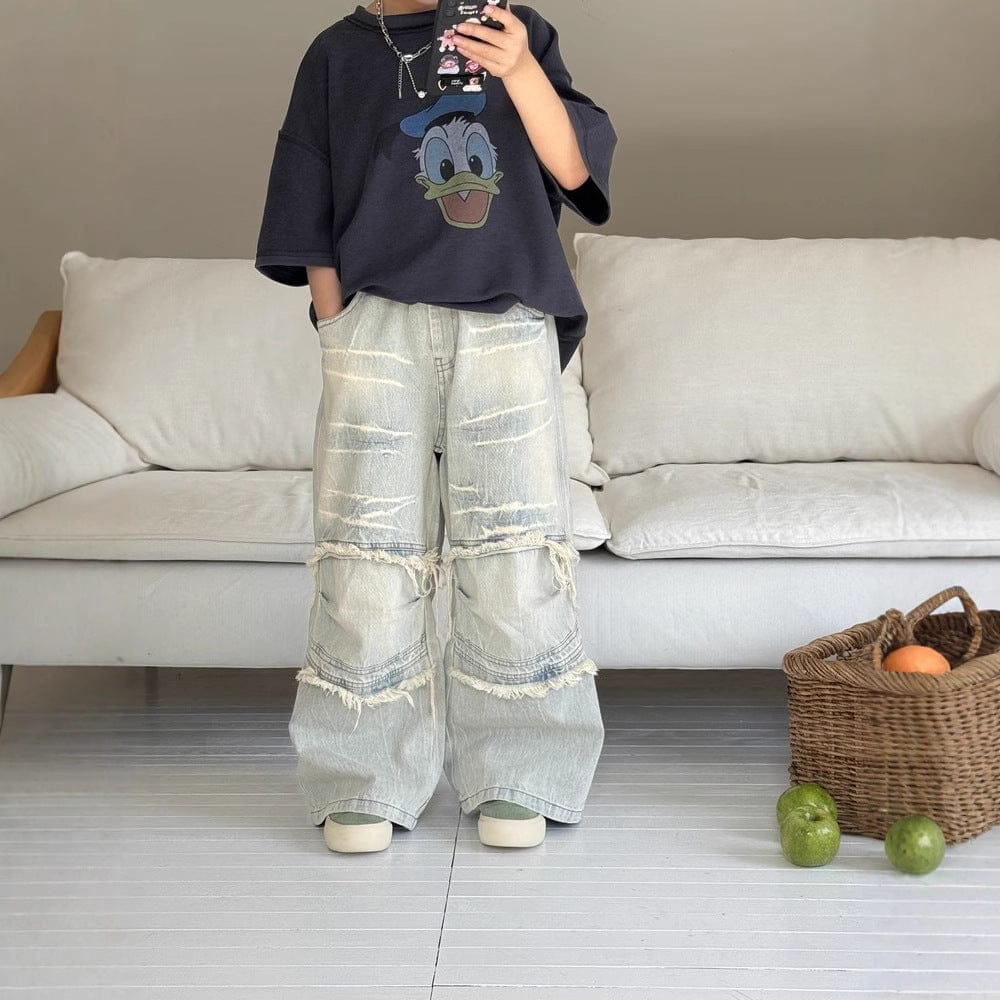 デニムパンツ フリンジダメージルーズワイドデニムパンツジーンズ【mh0009692】