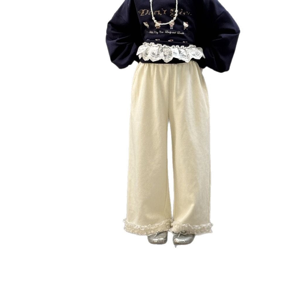 ロングパンツ・スウェットパンツ 裾レースフリルワイドルーズパンツ【mh0009694】