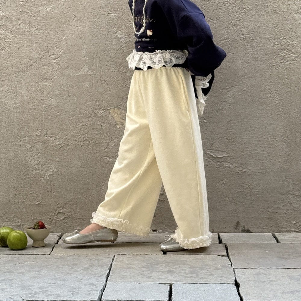 ロングパンツ・スウェットパンツ 裾レースフリルワイドルーズパンツ【mh0009694】