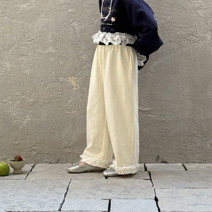ロングパンツ・スウェットパンツ 裾レースフリルワイドルーズパンツ【mh0009694】