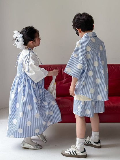 半袖セットアップ ポルカドットストライプキャミソールワンピース/半袖シャツ+ショートパンツセット【mh0010038】