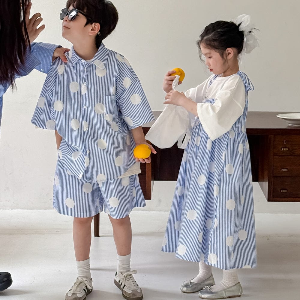 半袖セットアップ ポルカドットストライプキャミソールワンピース/半袖シャツ+ショートパンツセット【mh0010038】