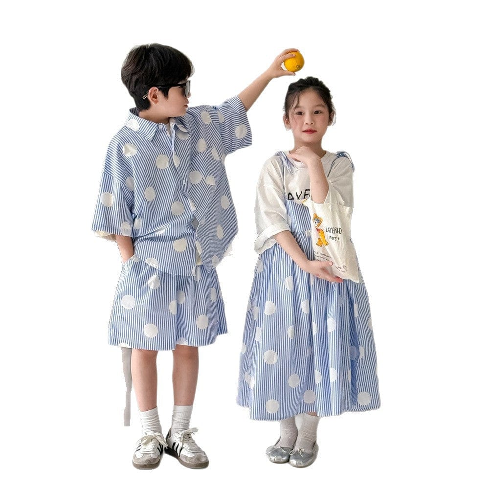 半袖セットアップ ポルカドットストライプキャミソールワンピース/半袖シャツ+ショートパンツセット【mh0010038】