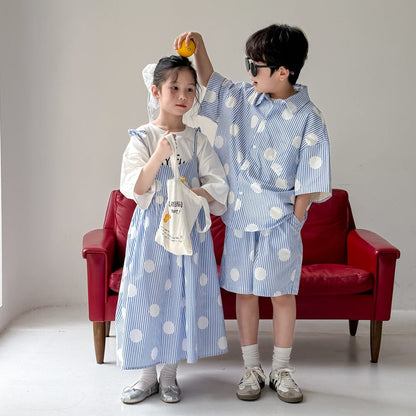 半袖セットアップ ポルカドットストライプキャミソールワンピース/半袖シャツ+ショートパンツセット【mh0010038】