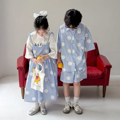 半袖セットアップ ポルカドットストライプキャミソールワンピース/半袖シャツ+ショートパンツセット【mh0010038】