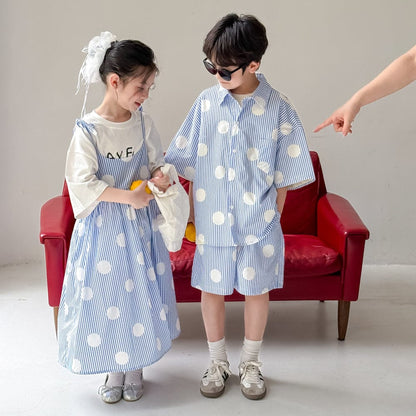 半袖セットアップ ポルカドットストライプキャミソールワンピース/半袖シャツ+ショートパンツセット【mh0010038】