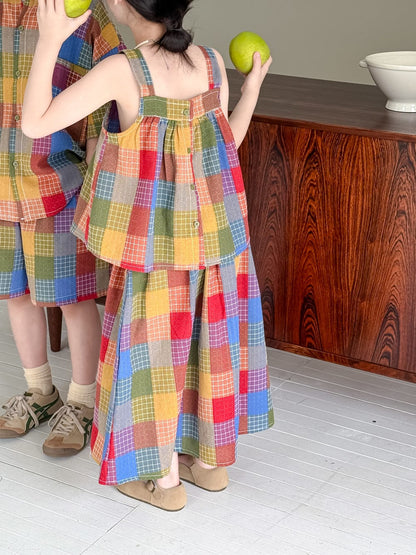 半袖セットアップ マドラスチェックキャミソールブラウス+スカートセット/半袖シャツ+ショートパンツセット【mh0010039】