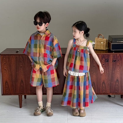 半袖セットアップ マドラスチェックキャミソールブラウス+スカートセット/半袖シャツ+ショートパンツセット【mh0010039】
