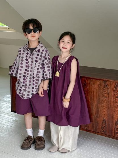 半袖セットアップ パープルノースリーブワンピース/ポルカドット半袖シャツ+ショートパンツセット【mh0010043】