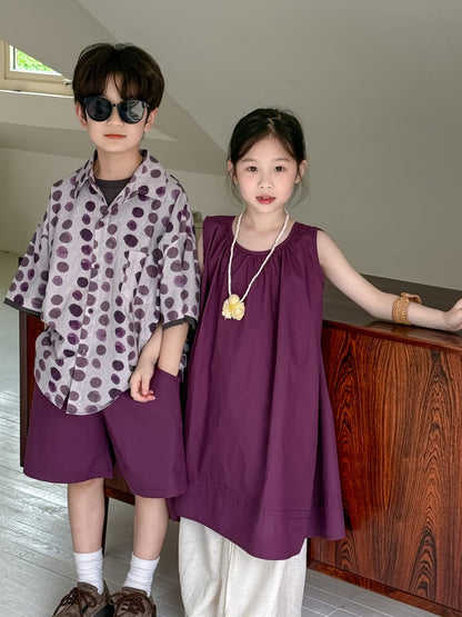 半袖セットアップ パープルノースリーブワンピース/ポルカドット半袖シャツ+ショートパンツセット【mh0010043】