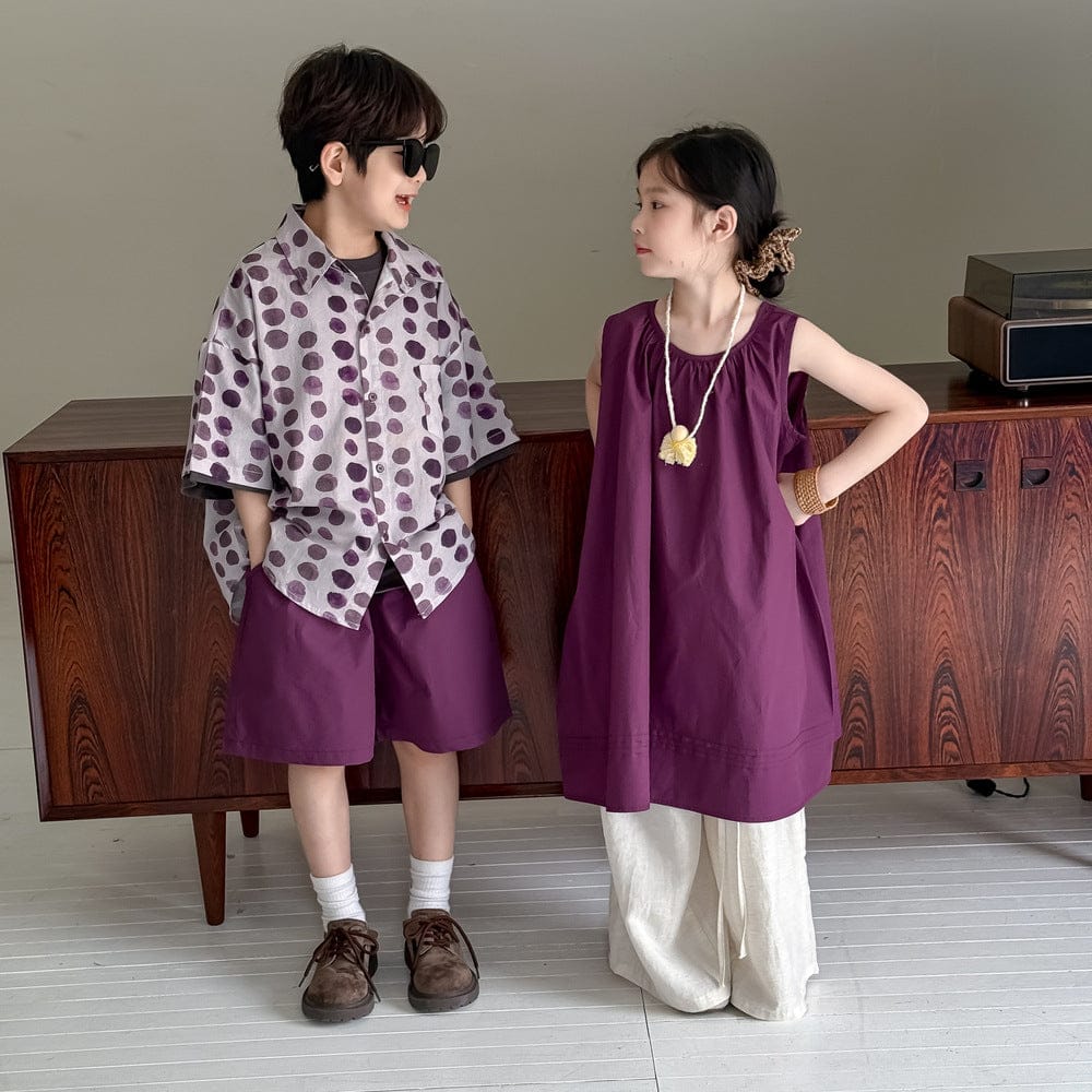 半袖セットアップ パープルノースリーブワンピース/ポルカドット半袖シャツ+ショートパンツセット【mh0010043】