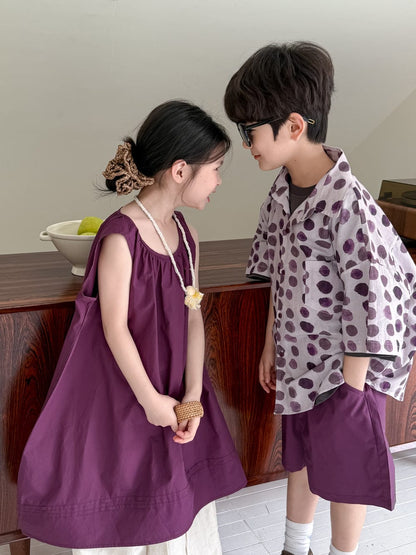 半袖セットアップ パープルノースリーブワンピース/ポルカドット半袖シャツ+ショートパンツセット【mh0010043】