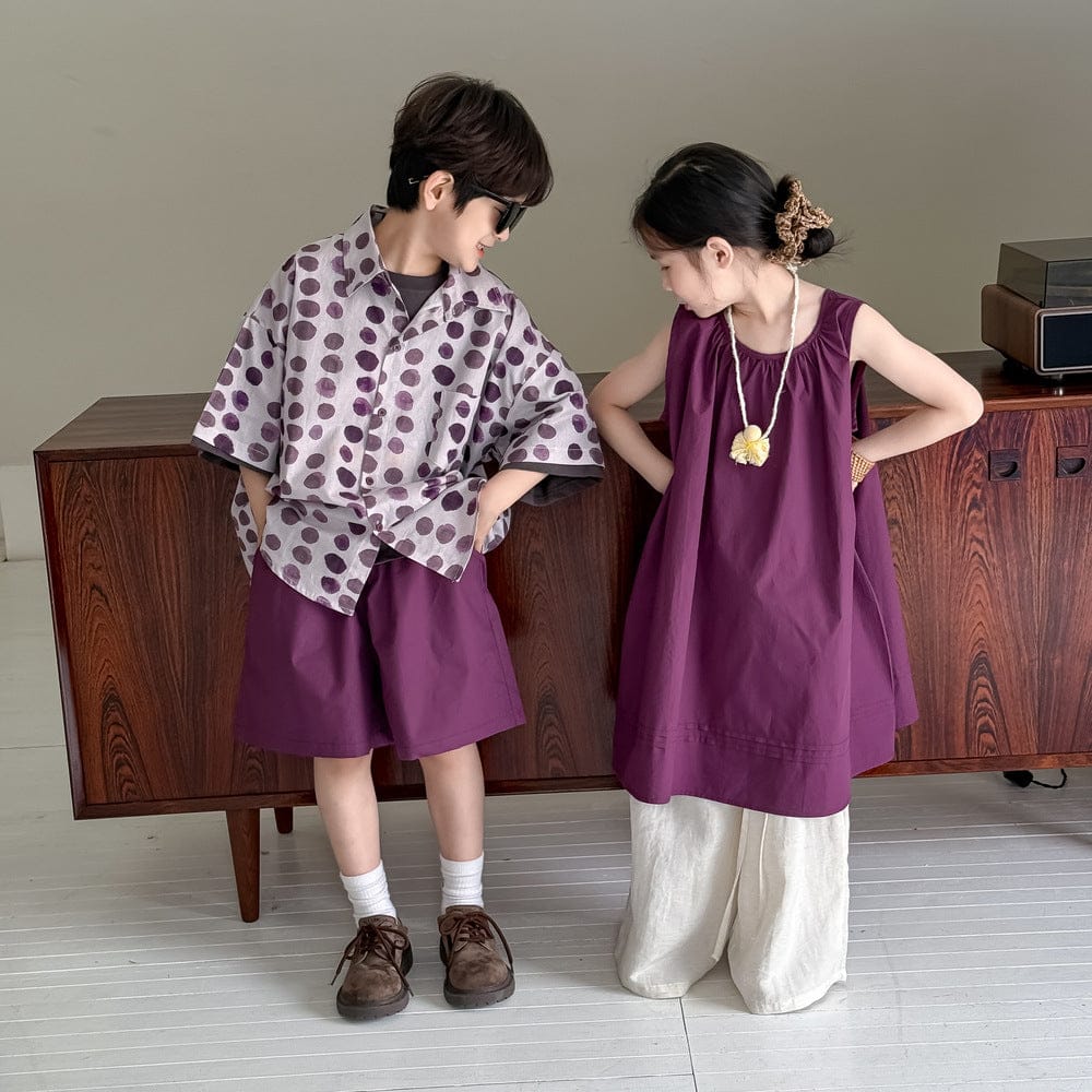 半袖セットアップ パープルノースリーブワンピース/ポルカドット半袖シャツ+ショートパンツセット【mh0010043】