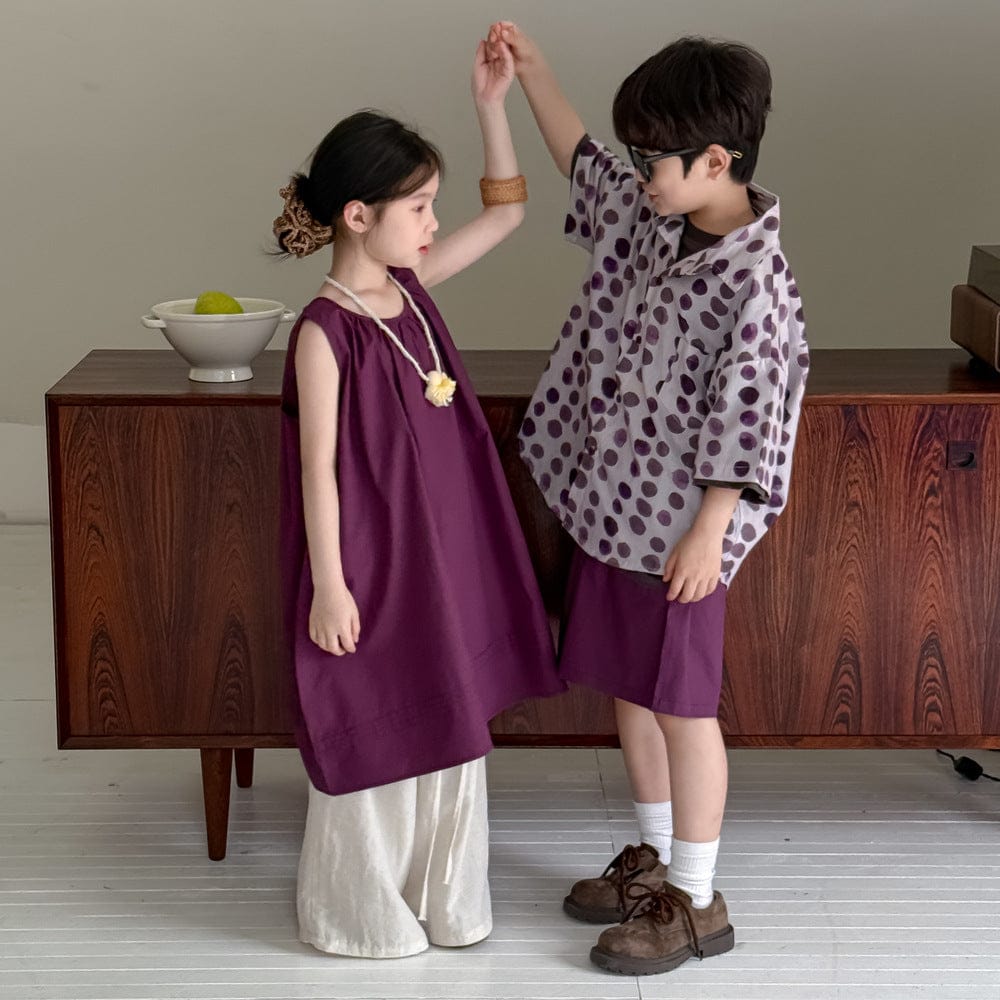 半袖セットアップ パープルノースリーブワンピース/ポルカドット半袖シャツ+ショートパンツセット【mh0010043】