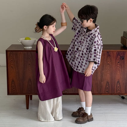 半袖セットアップ パープルノースリーブワンピース/ポルカドット半袖シャツ+ショートパンツセット【mh0010043】