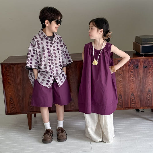 半袖セットアップ パープルノースリーブワンピース/ポルカドット半袖シャツ+ショートパンツセット【mh0010043】