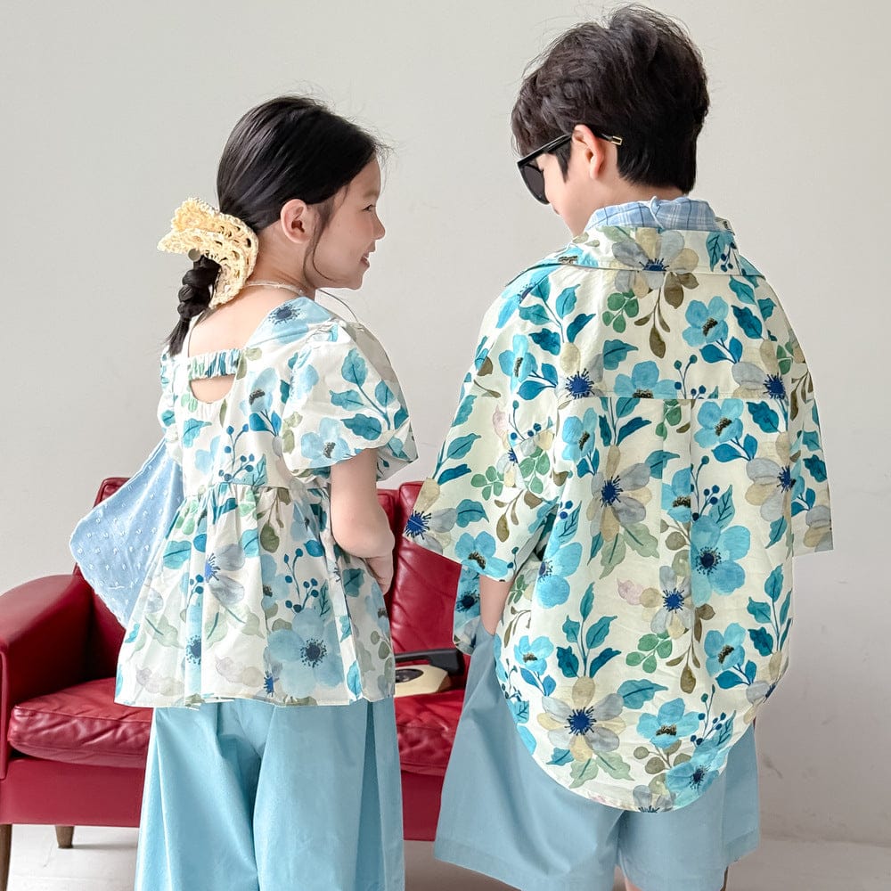 半袖セットアップ フラワープリント半袖チュニック+ワイドルーズパンツセット/半袖シャツ+ショートパンツセット【mh0010049】