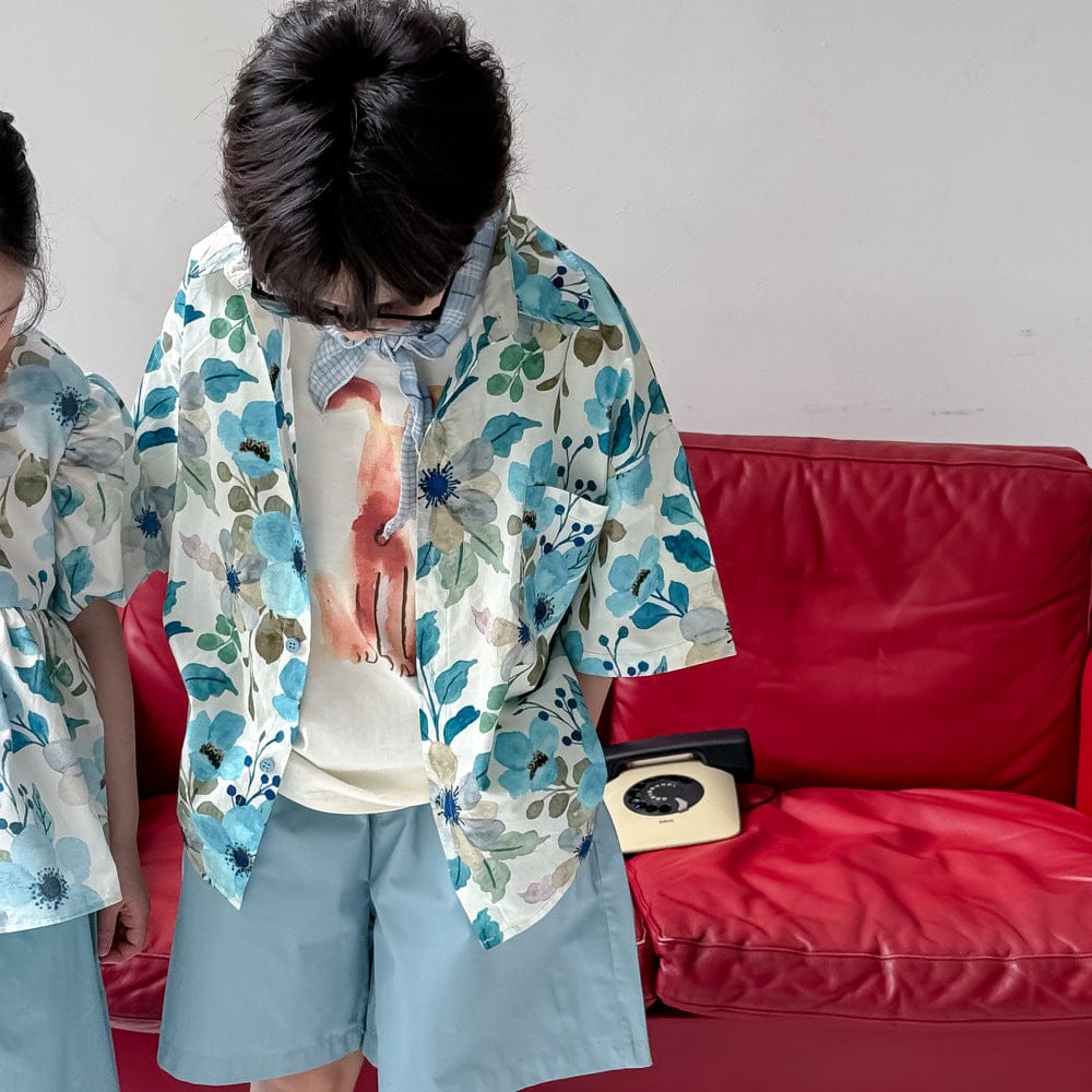 半袖セットアップ フラワープリント半袖チュニック+ワイドルーズパンツセット/半袖シャツ+ショートパンツセット【mh0010049】