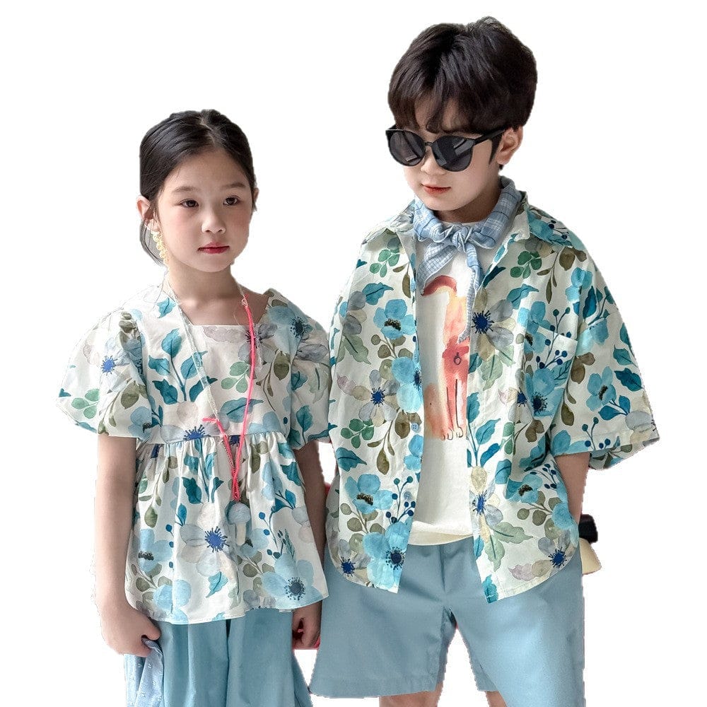 半袖セットアップ フラワープリント半袖チュニック+ワイドルーズパンツセット/半袖シャツ+ショートパンツセット【mh0010049】