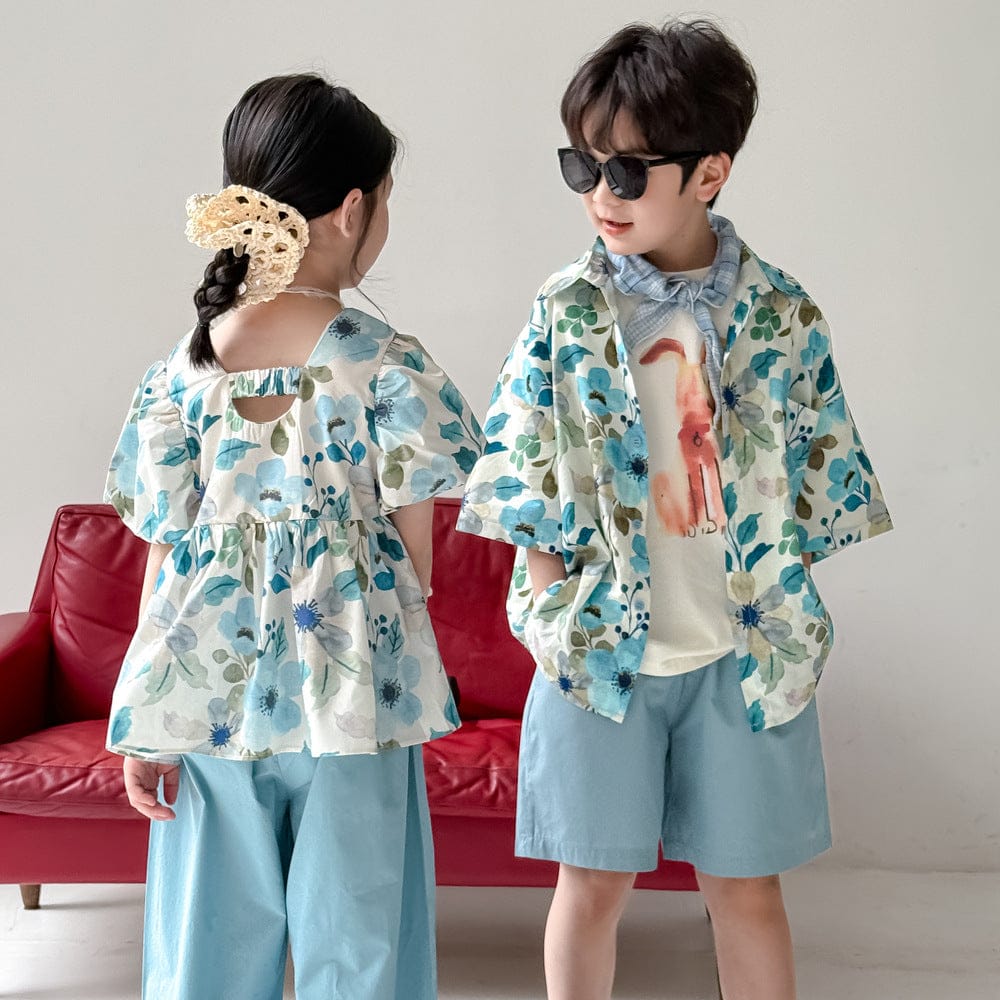 半袖セットアップ フラワープリント半袖チュニック+ワイドルーズパンツセット/半袖シャツ+ショートパンツセット【mh0010049】