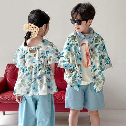 半袖セットアップ フラワープリント半袖チュニック+ワイドルーズパンツセット/半袖シャツ+ショートパンツセット【mh0010049】